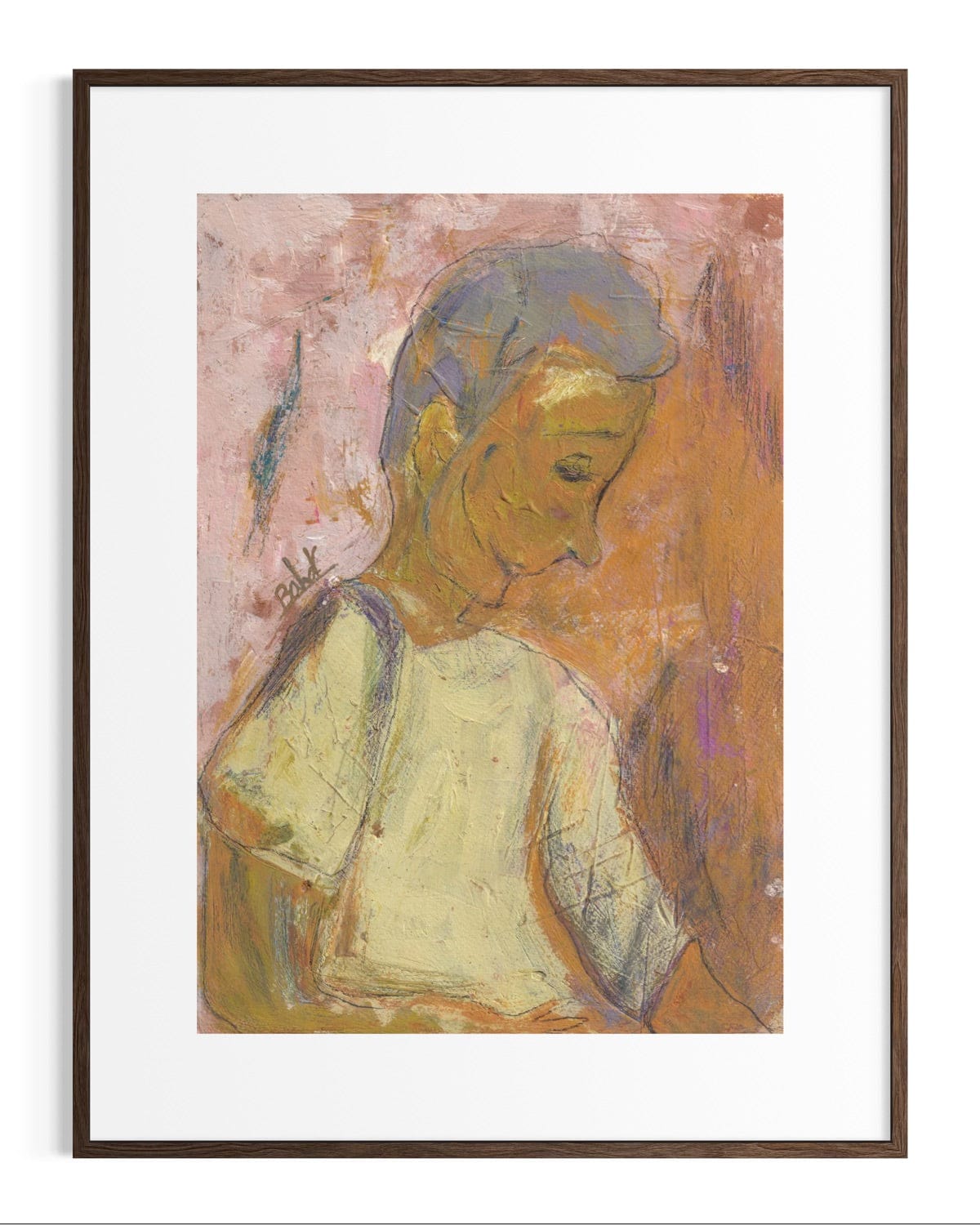 Framed abstract artwork of a person with warm tones and a signature at the bottom right corner.