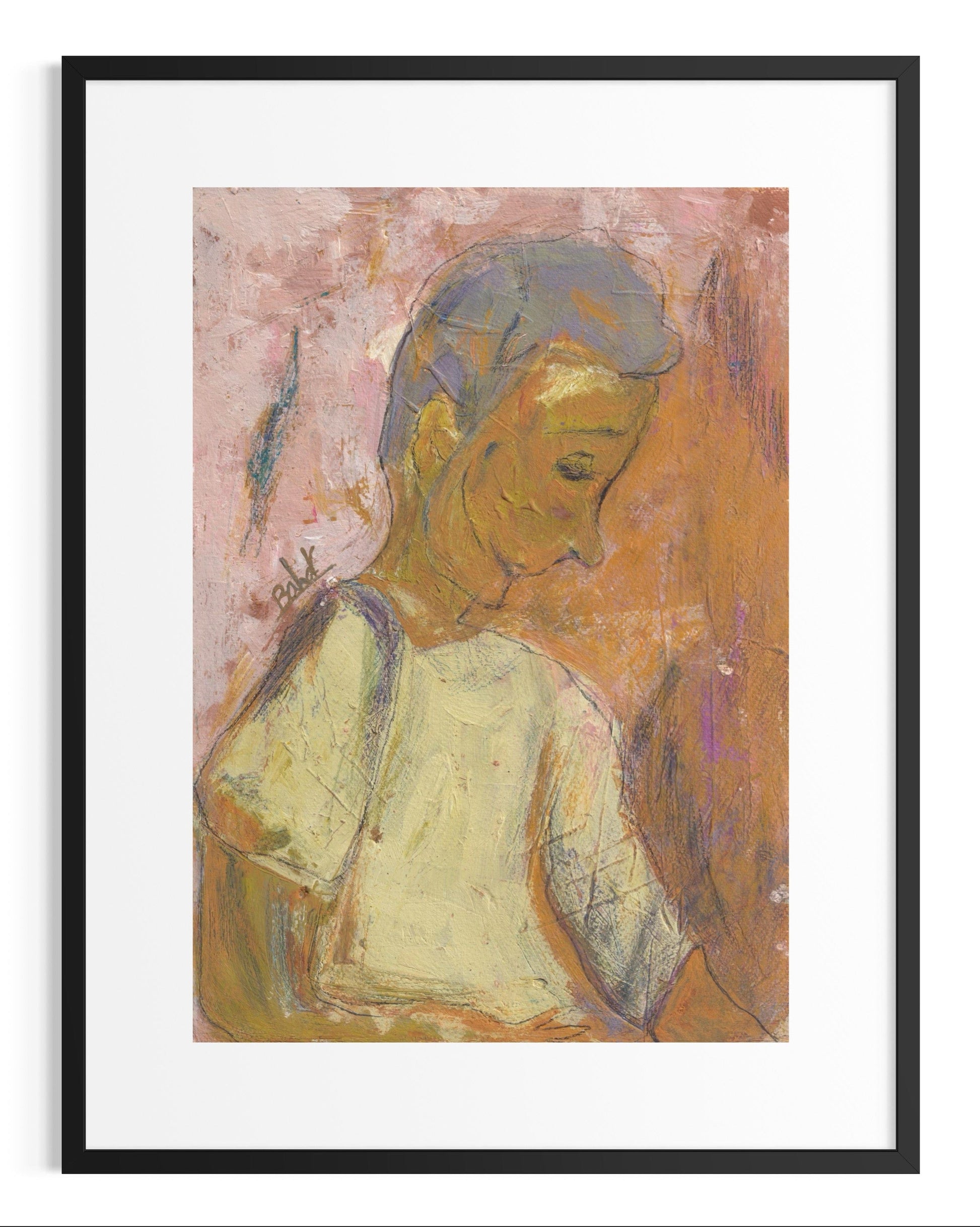 Framed abstract artwork with a person wearing a hat on a textured background