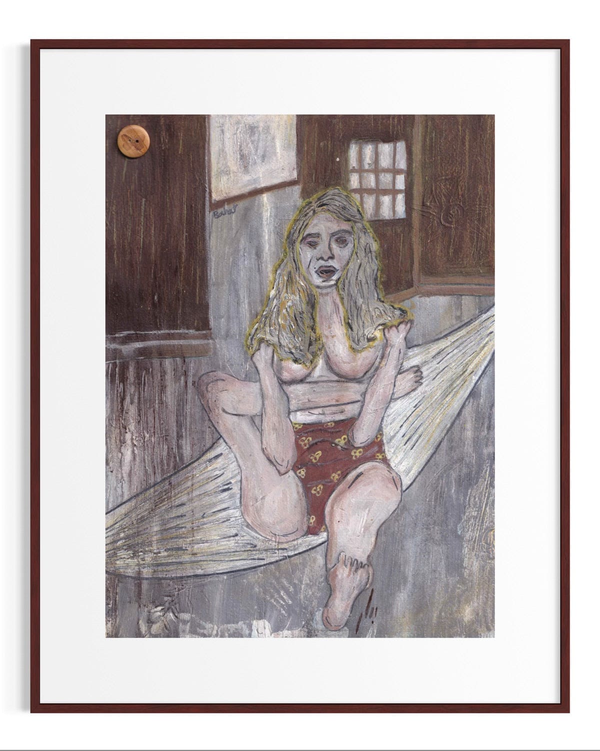 Framed artwork of a woman sitting on a bench with a wooden interior background