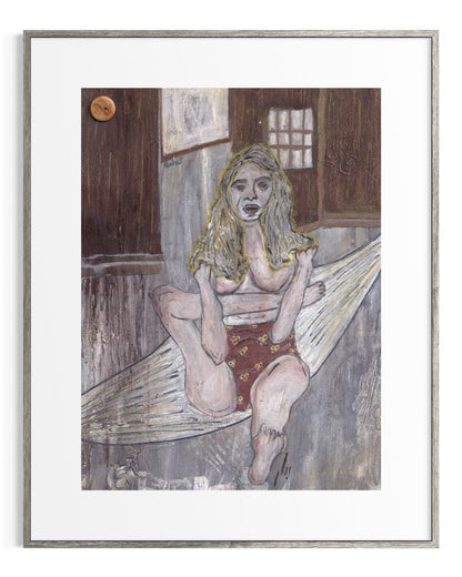 Framed artwork of a woman sitting on a wooden bench with a harp.