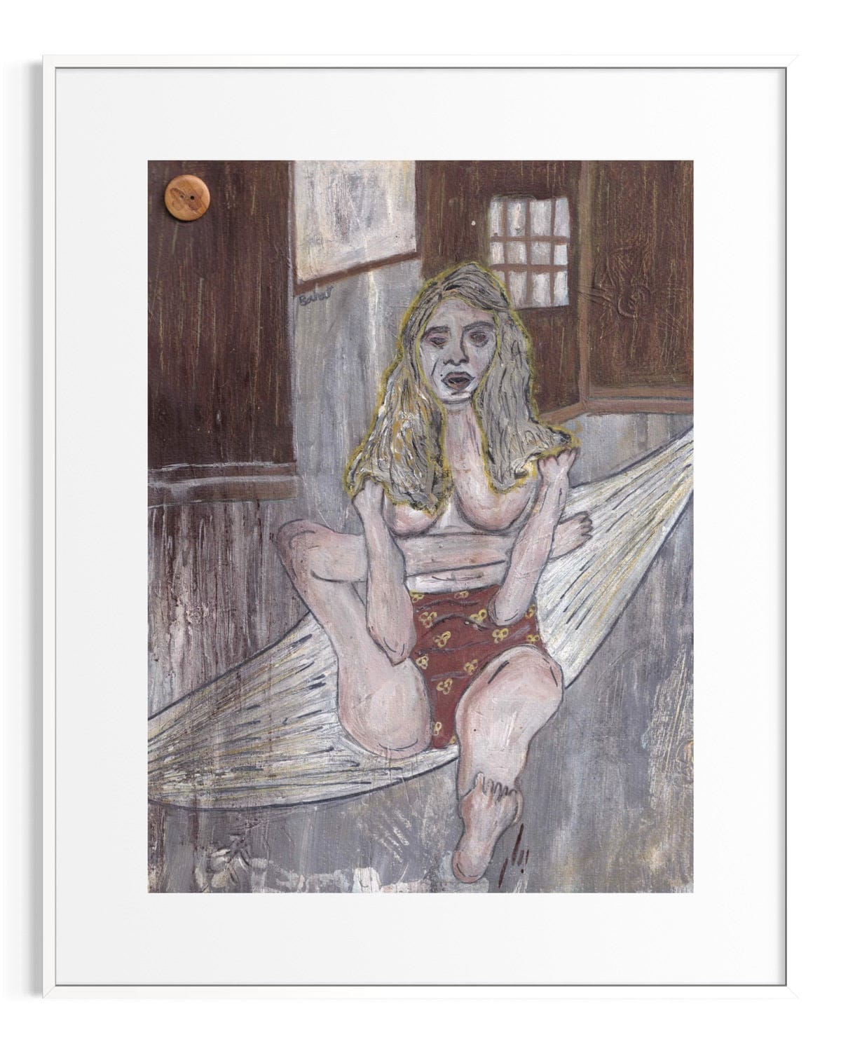 Artistic depiction of a woman in a rustic interior setting