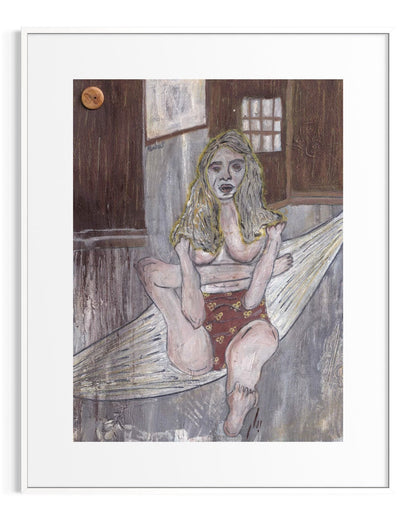 Artistic depiction of a woman in a rustic interior setting