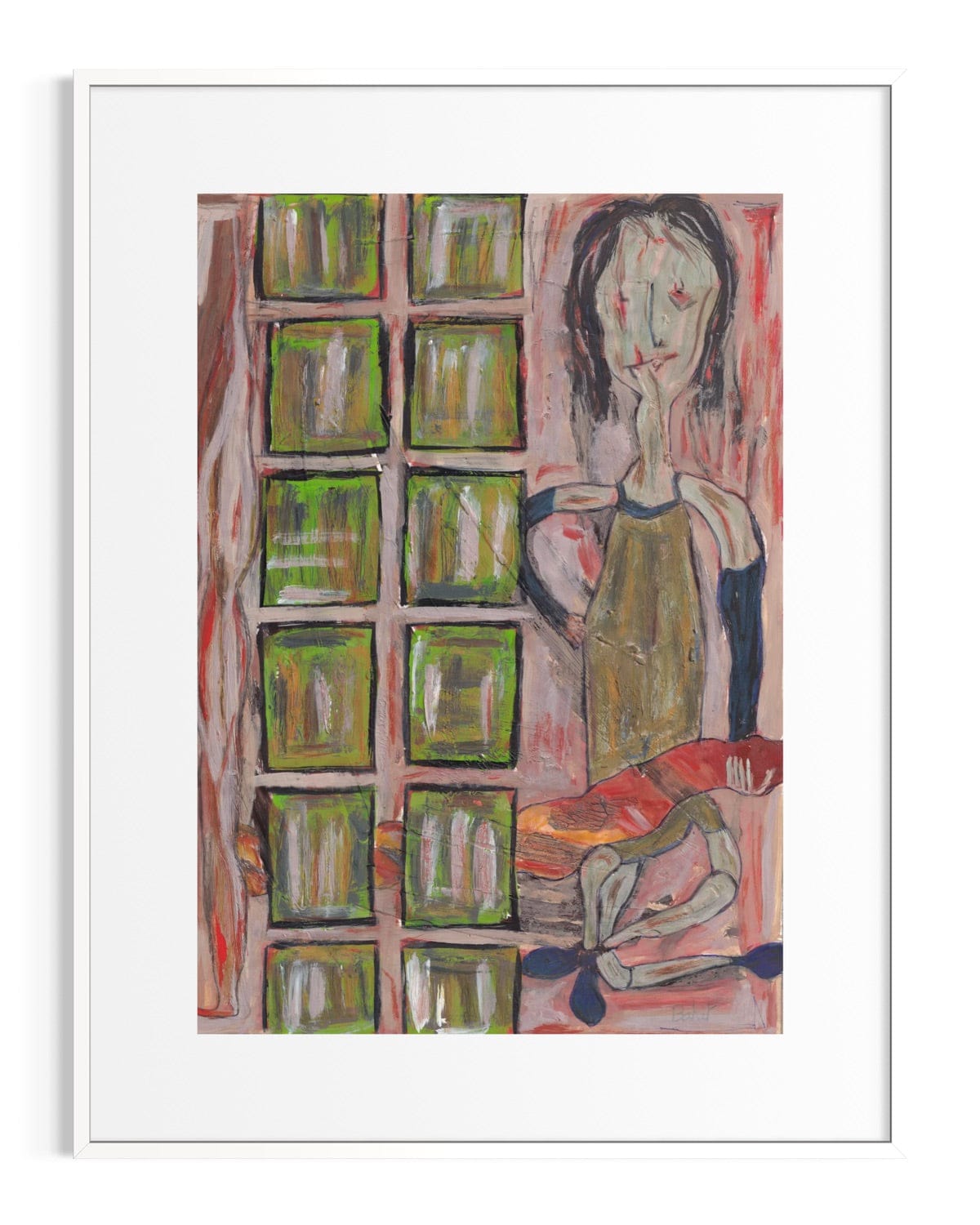 Artistic depiction of a person sitting in front of a window with green panes on a white background