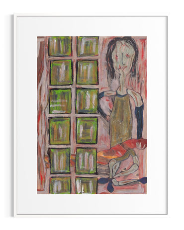 Artistic depiction of a person sitting in front of a window with green panes on a white background