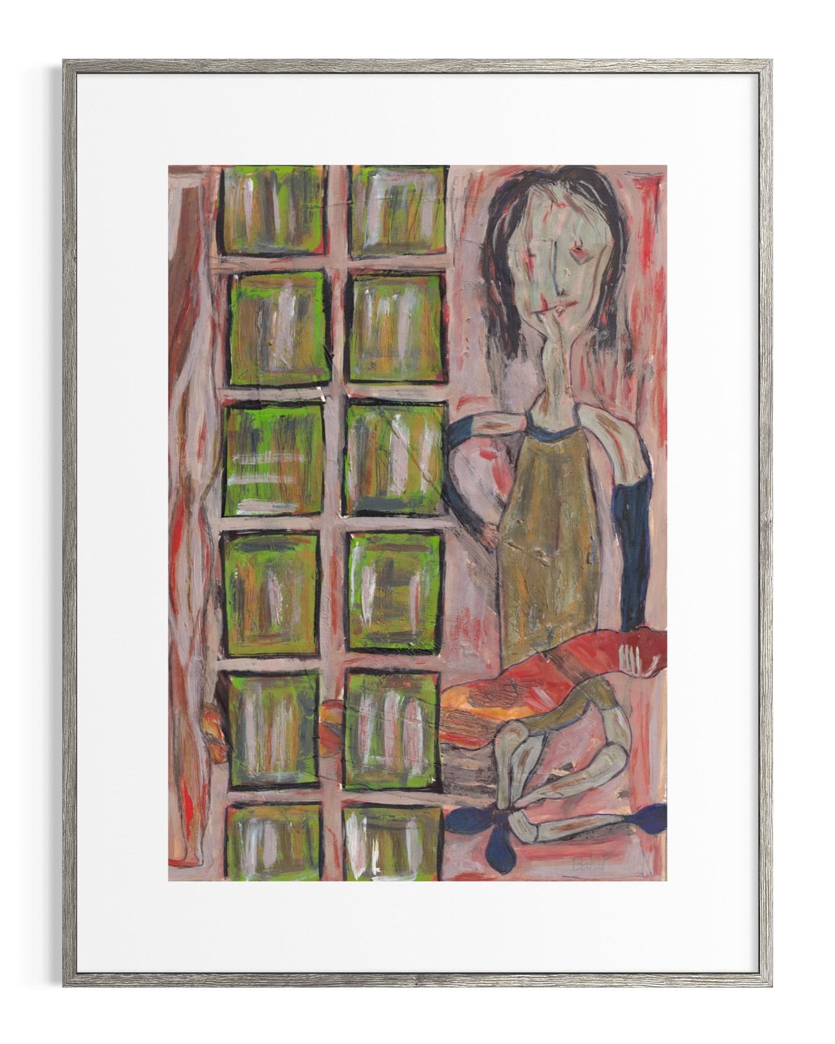 Framed abstract artwork of a woman with a grid pattern in the background