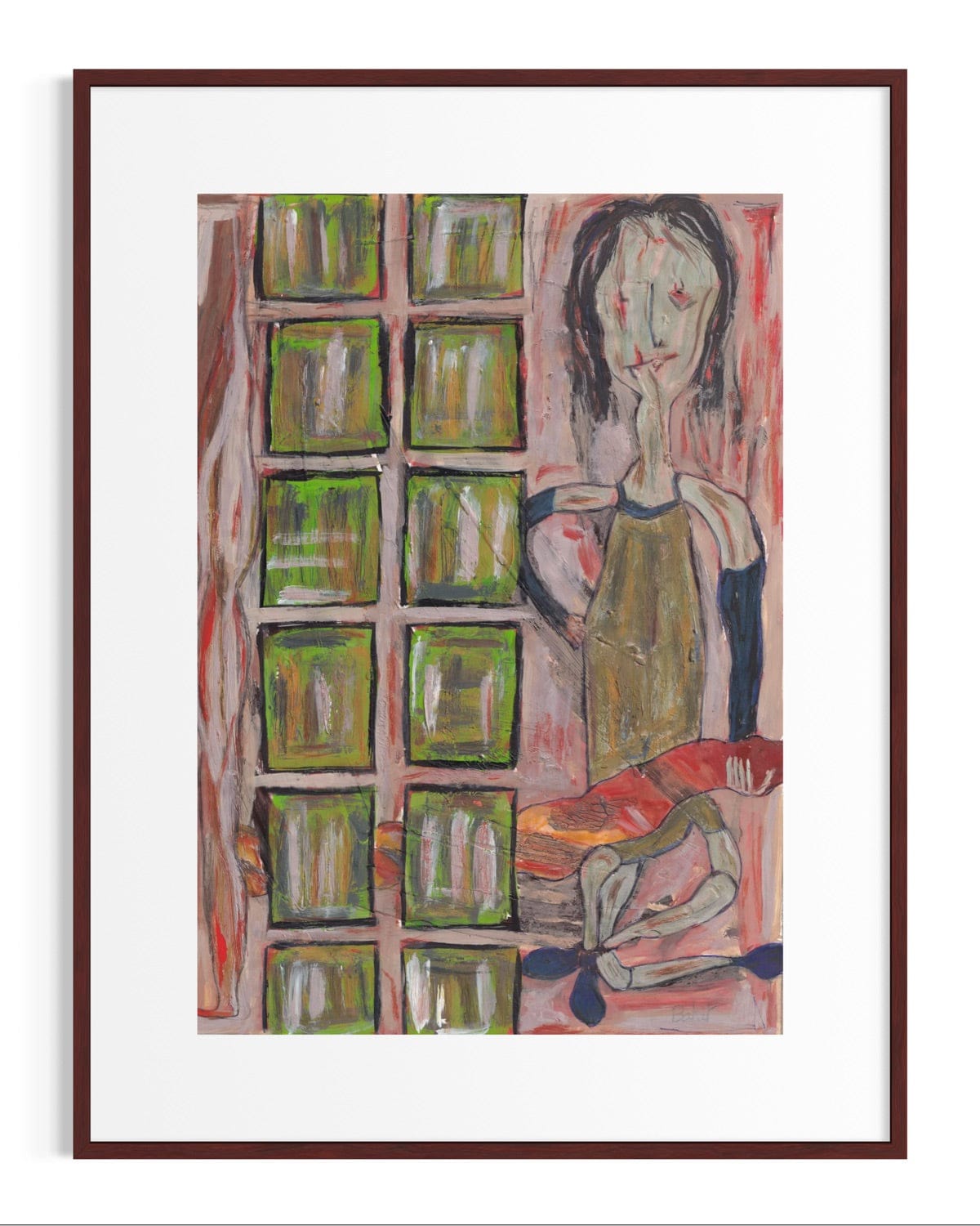 Framed abstract artwork of a person sitting in front of a window with green panes.