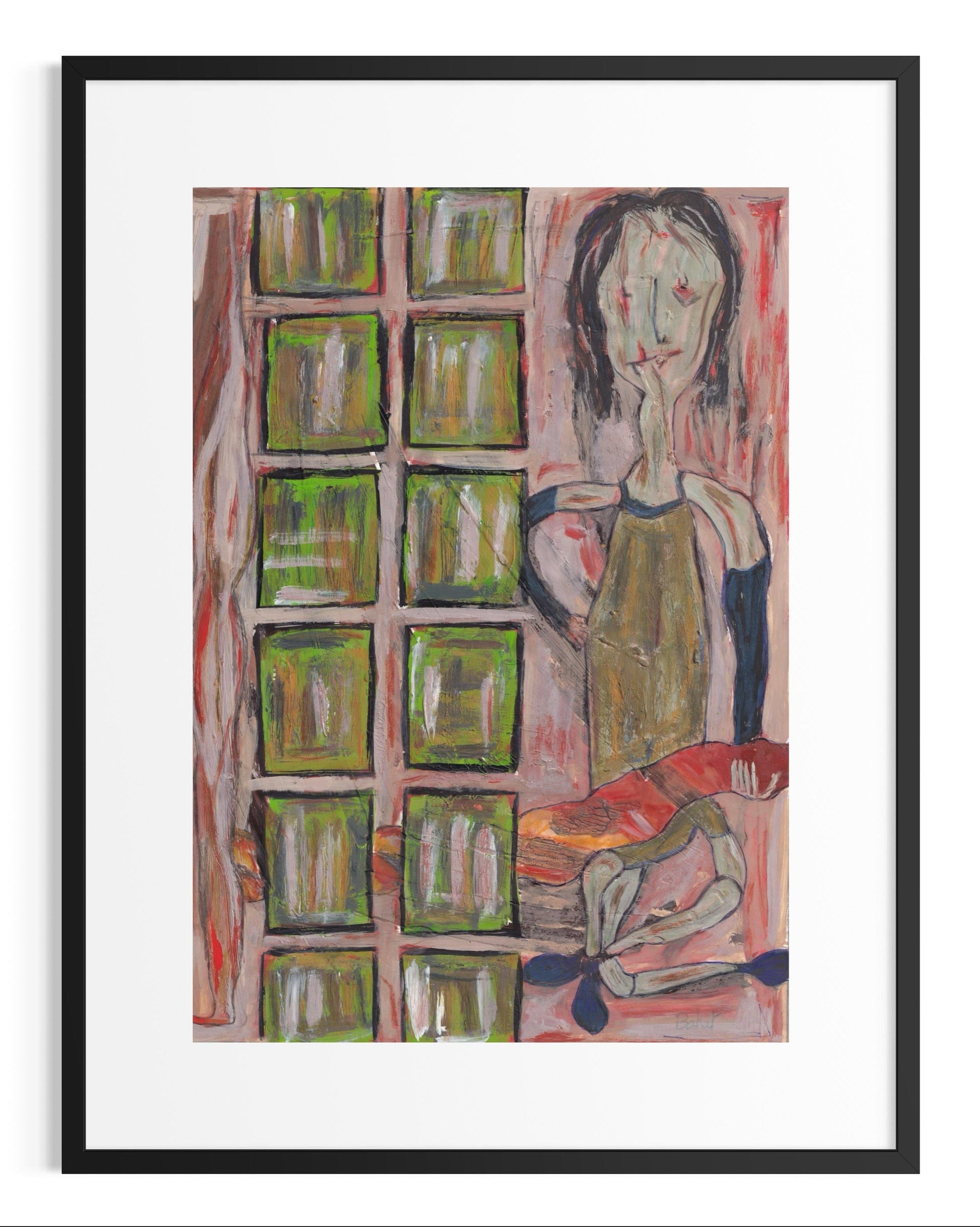 Abstract artwork of a figure in front of a grid of squares, framed in black.