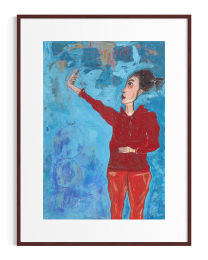 Framed artwork of a person in red against a blue abstract background