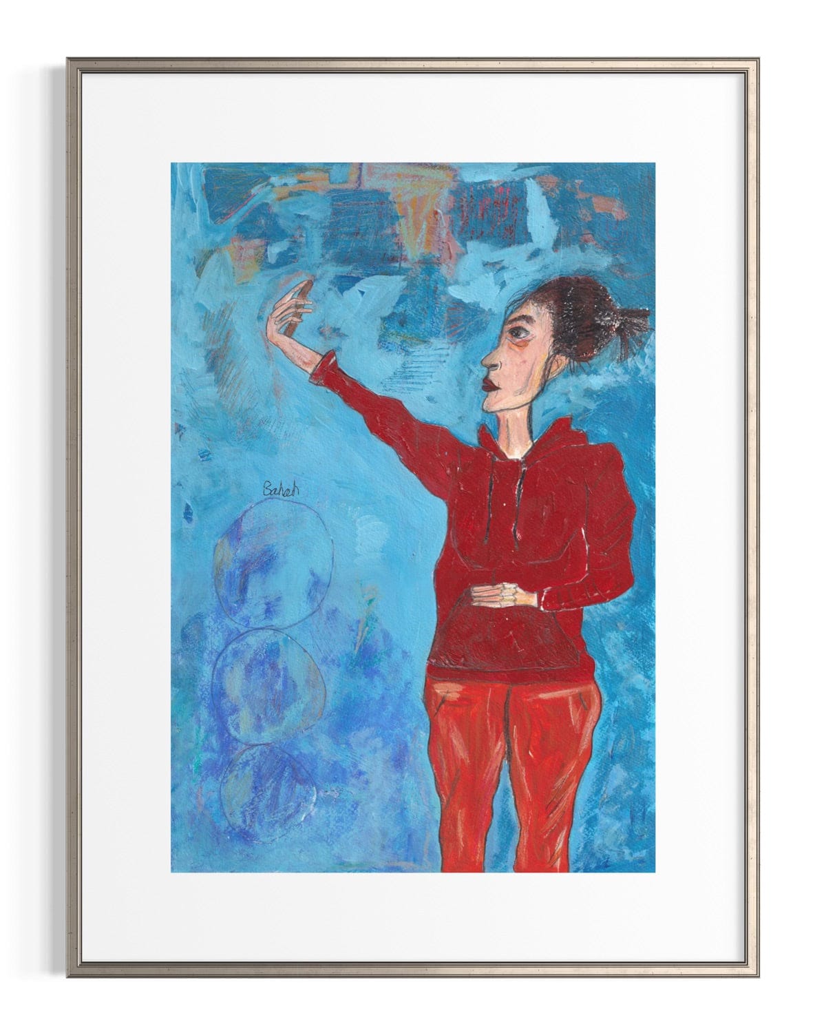 Framed artwork of a person in a red outfit against a blue abstract background