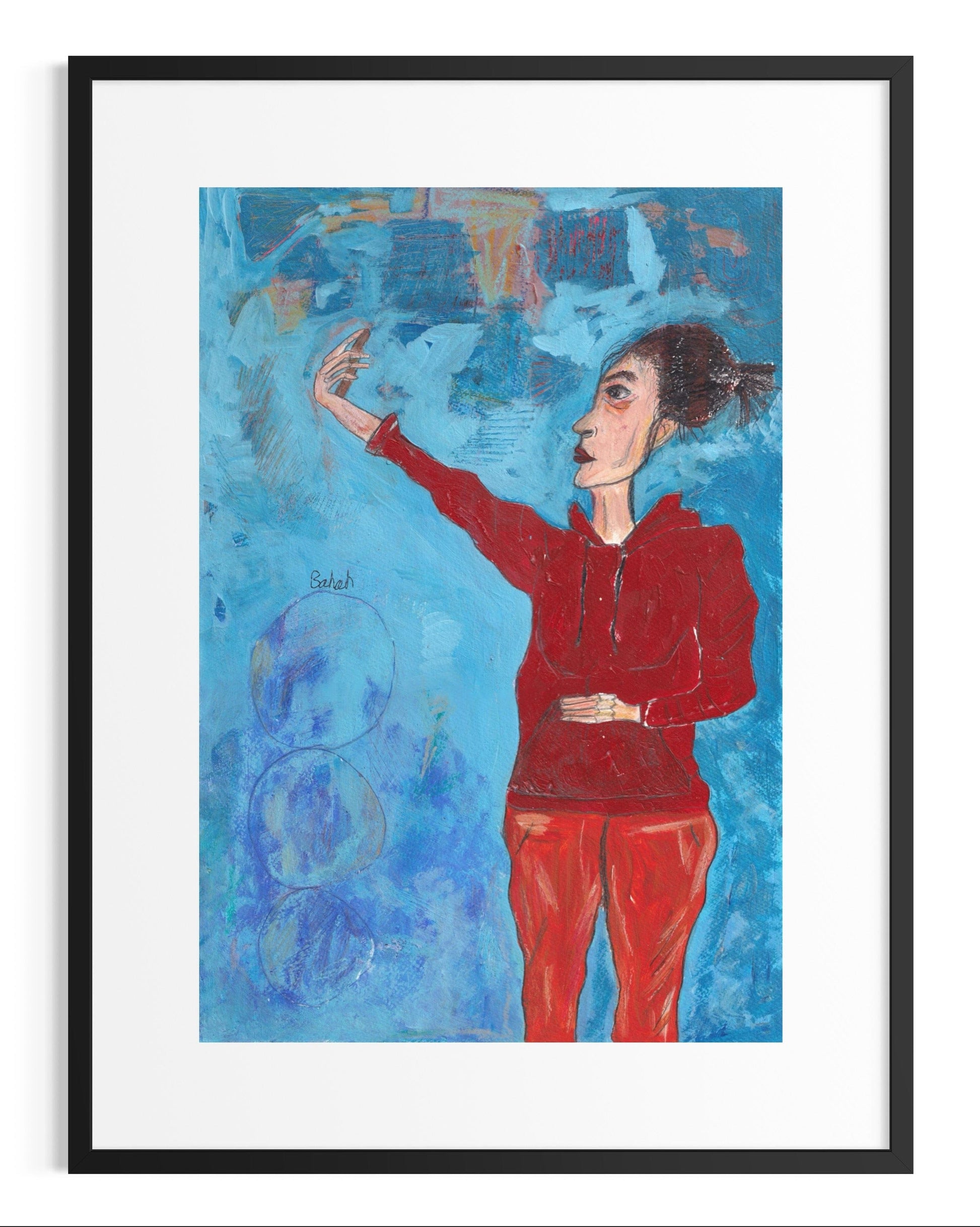 Framed artwork of a person in red against a blue abstract background
