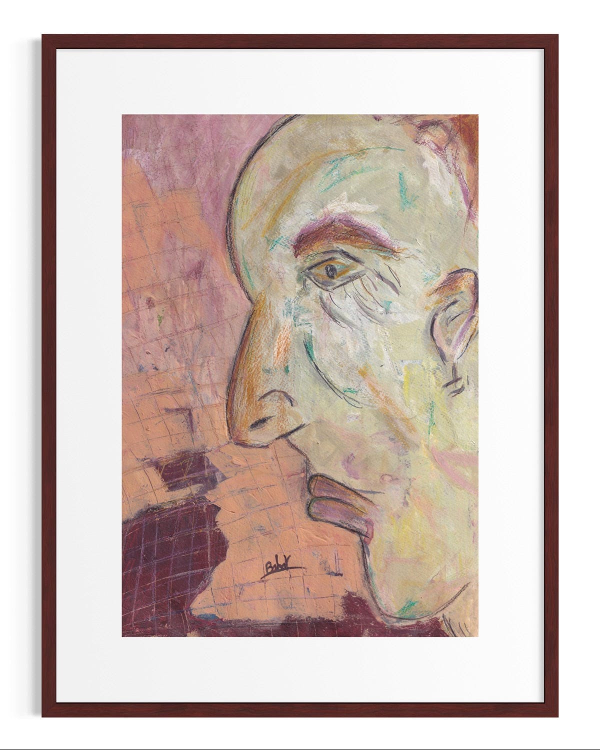 Framed artwork of a stylized face with abstract background