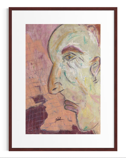 Framed artwork of a stylized face with abstract background
