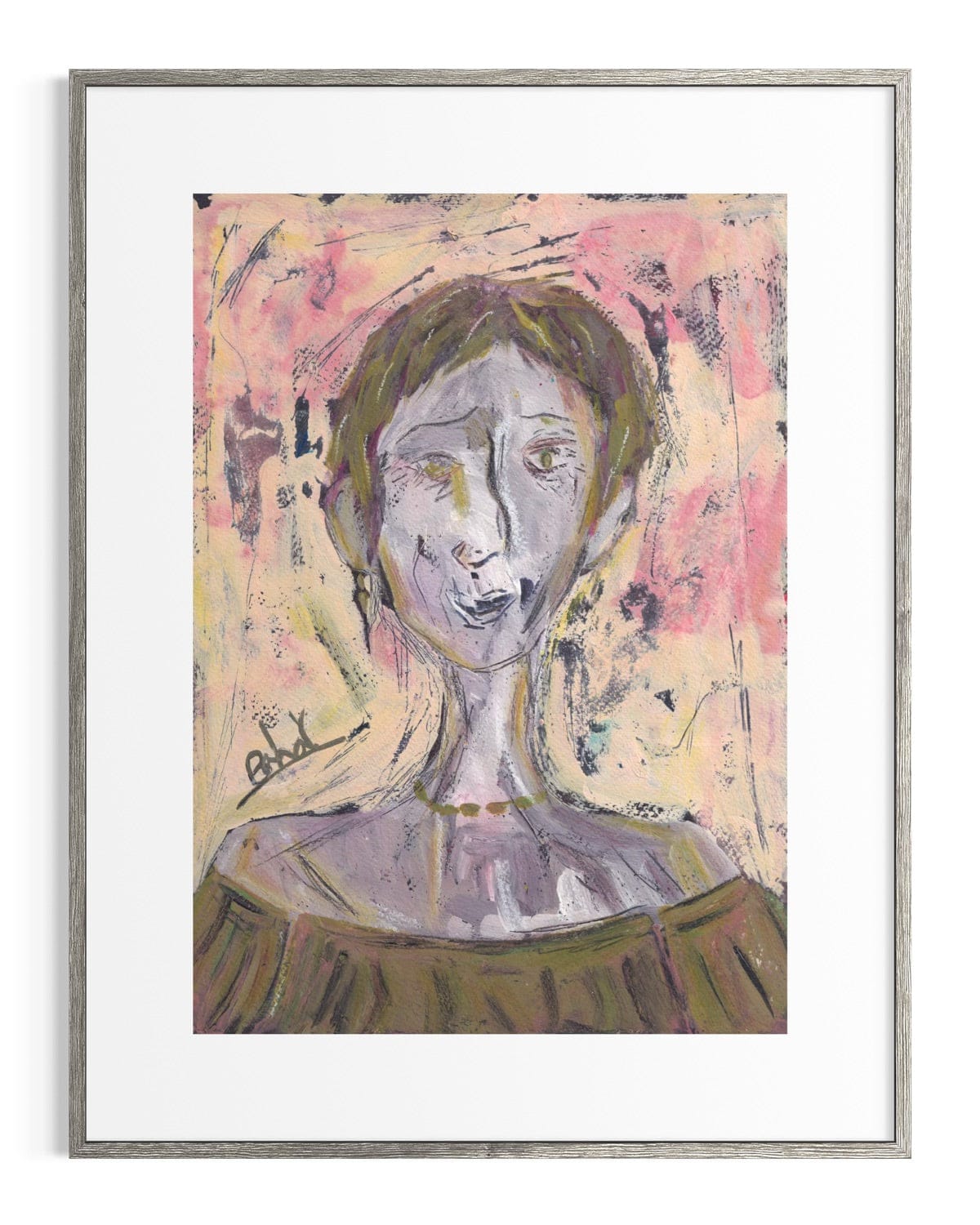 Framed abstract artwork with a stylized portrait on a colorful background