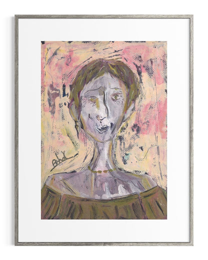 Framed abstract artwork with a stylized portrait on a colorful background