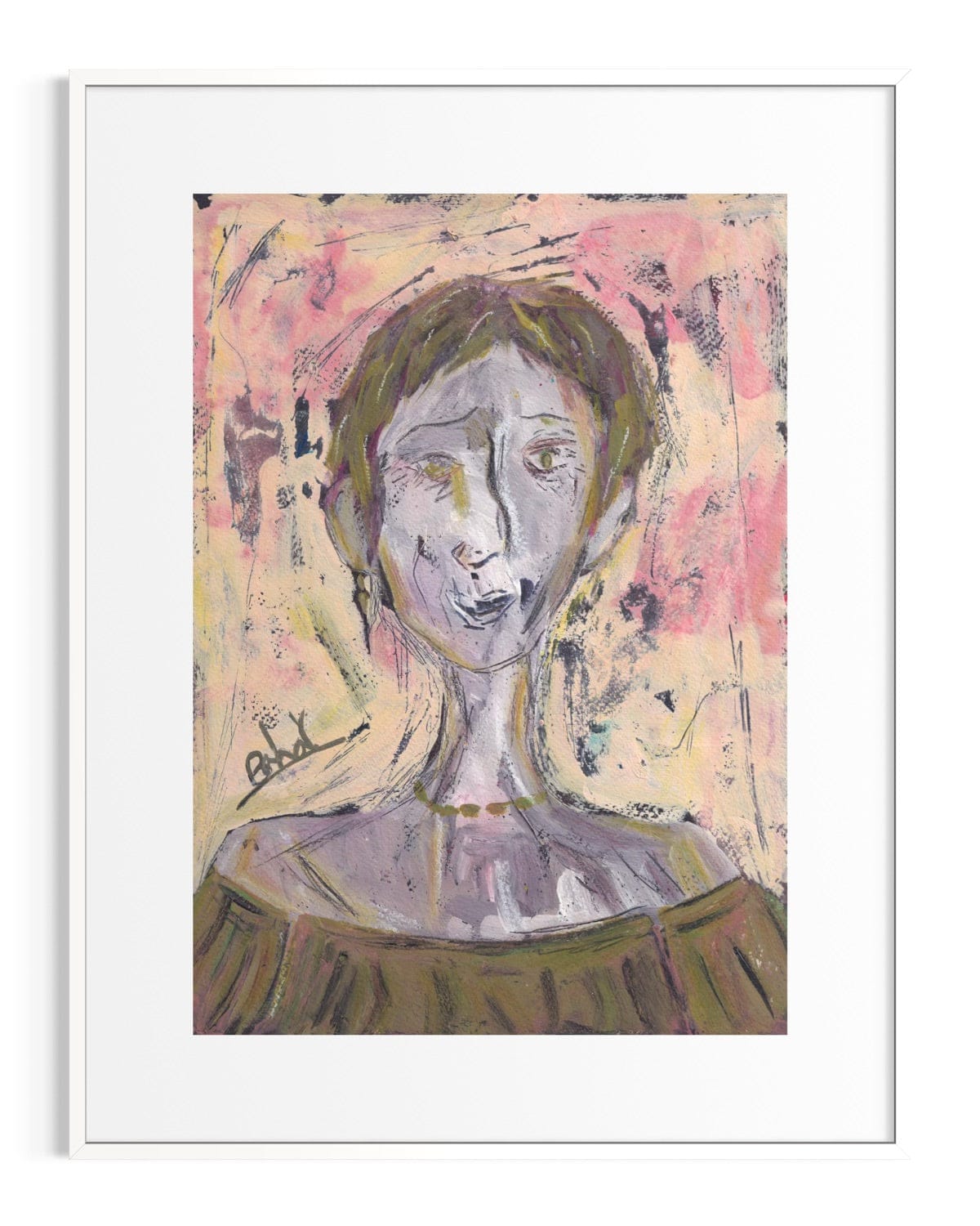 Framed abstract artwork with a stylized portrait on a colorful background