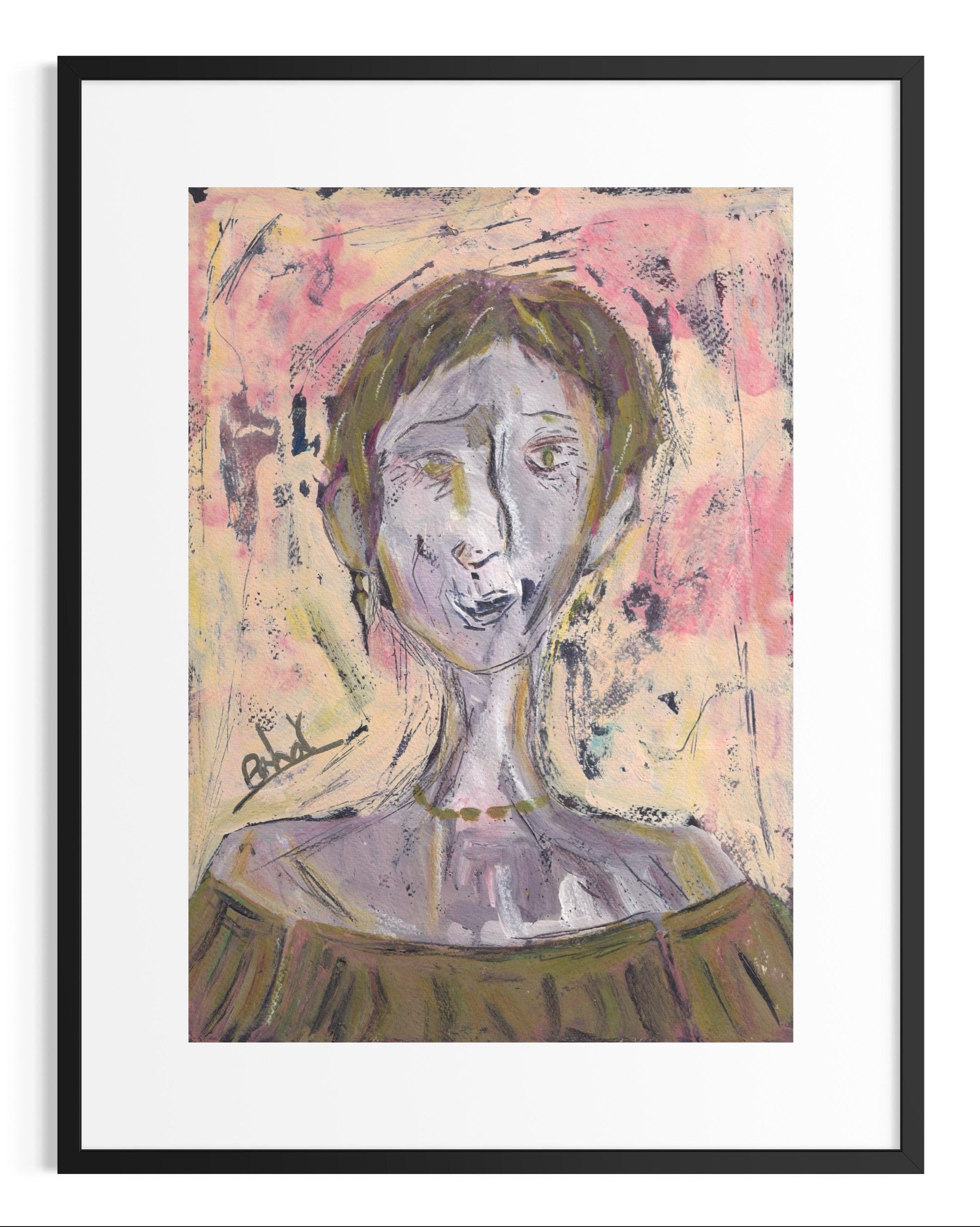 Framed abstract artwork of a stylized face with a colorful background