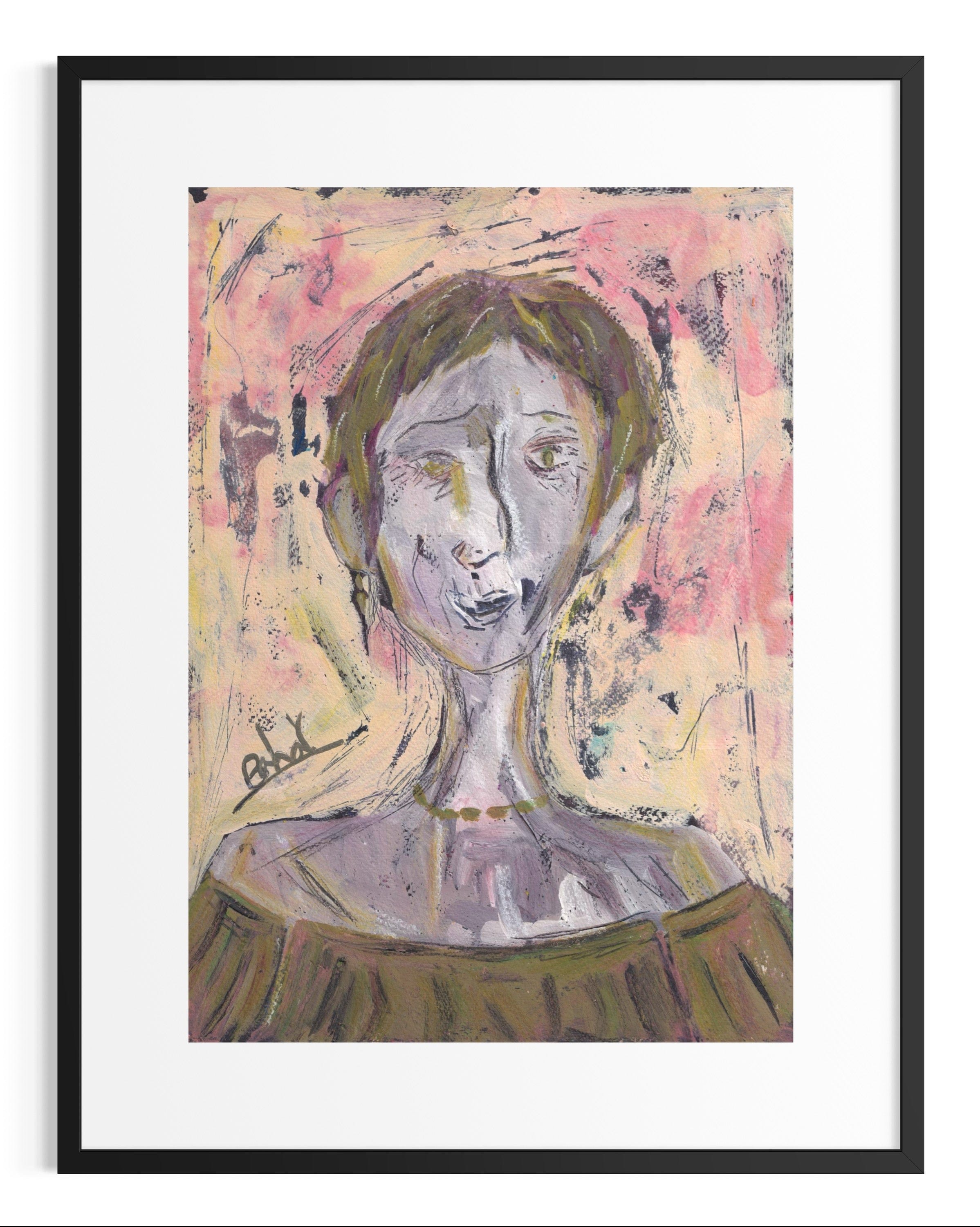 Framed abstract artwork of a stylized face with a colorful background