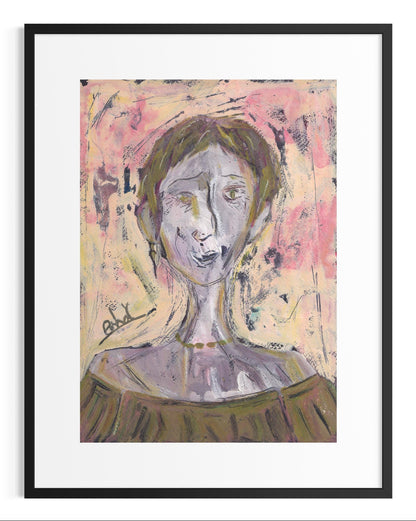 Framed abstract artwork of a stylized face with a colorful background