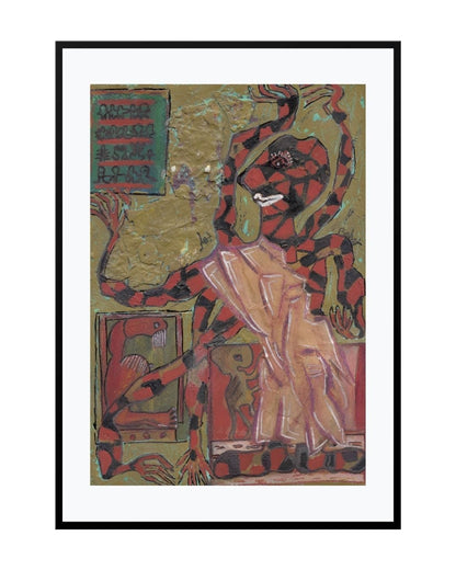 Expressionist painting titled "Spider Woman," featuring a haunting female figure with elongated limbs and tangled posture
