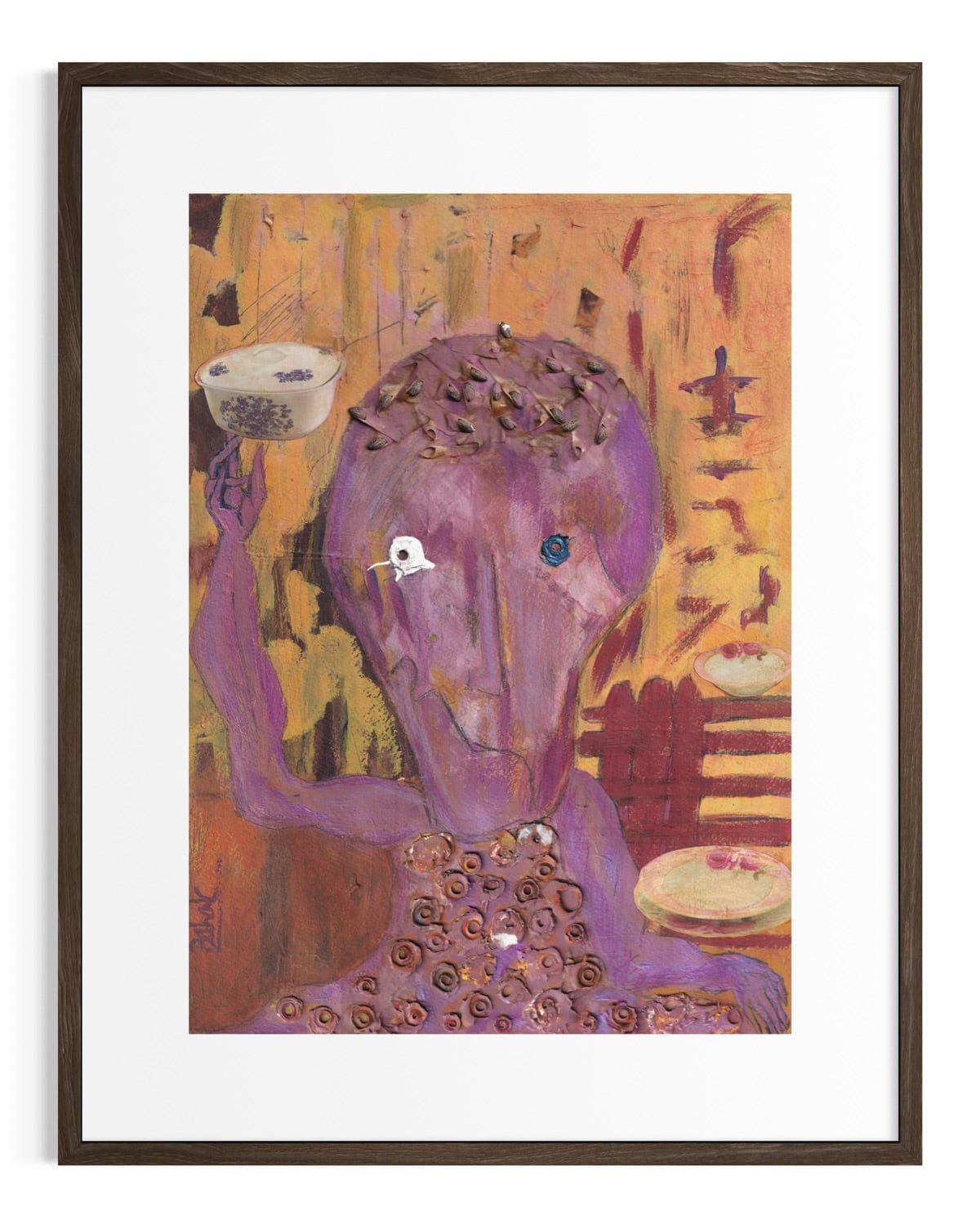 Framed abstract artwork with a purple figure and colorful background