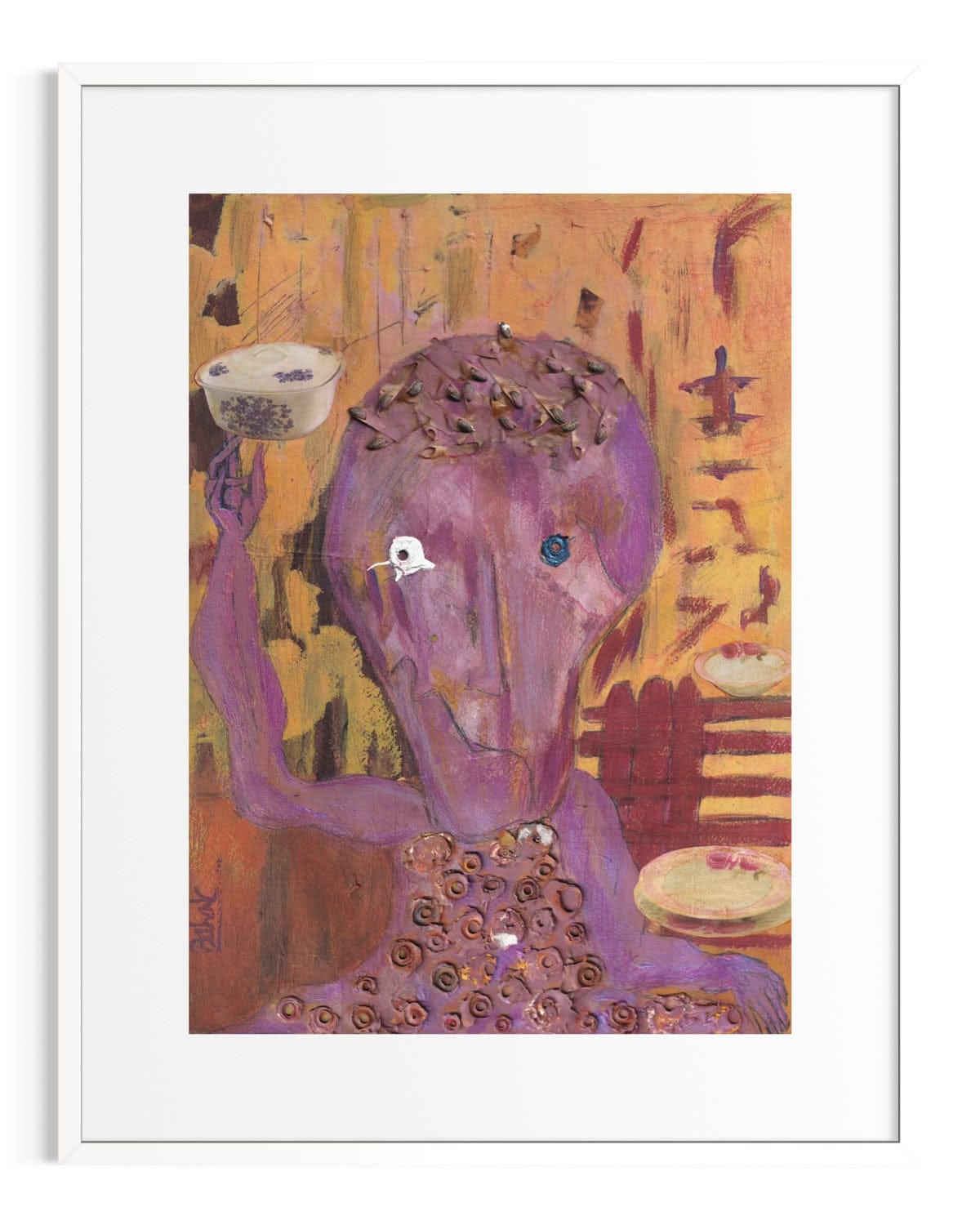Framed artwork of a stylized figure with a purple head and colorful background