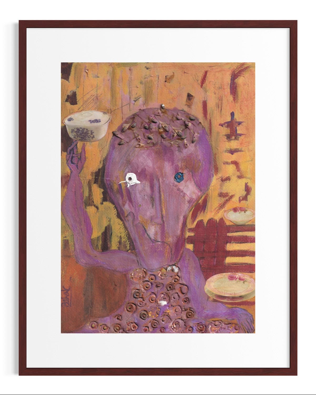Framed abstract artwork with a purple figure and butterfly-like elements on an orange background