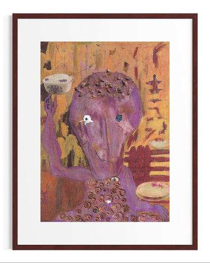 Framed abstract artwork with a purple figure and butterfly-like elements on an orange background