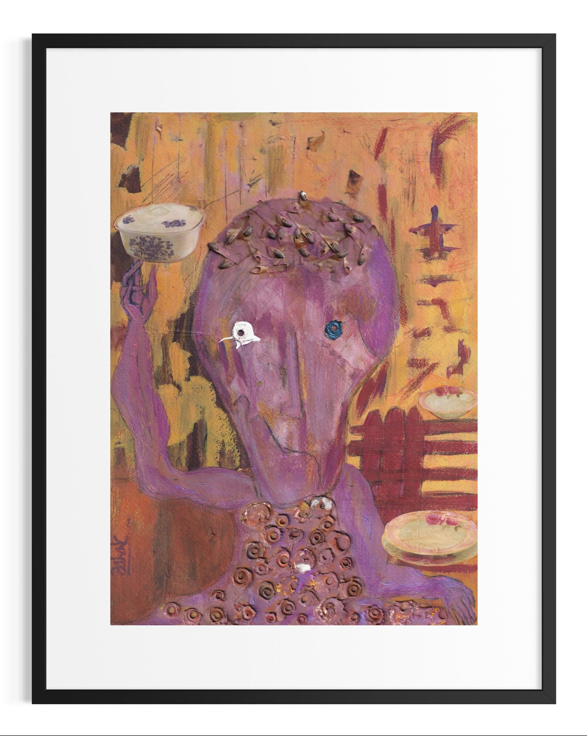 Framed artwork of a stylized figure with a purple head and yellow background