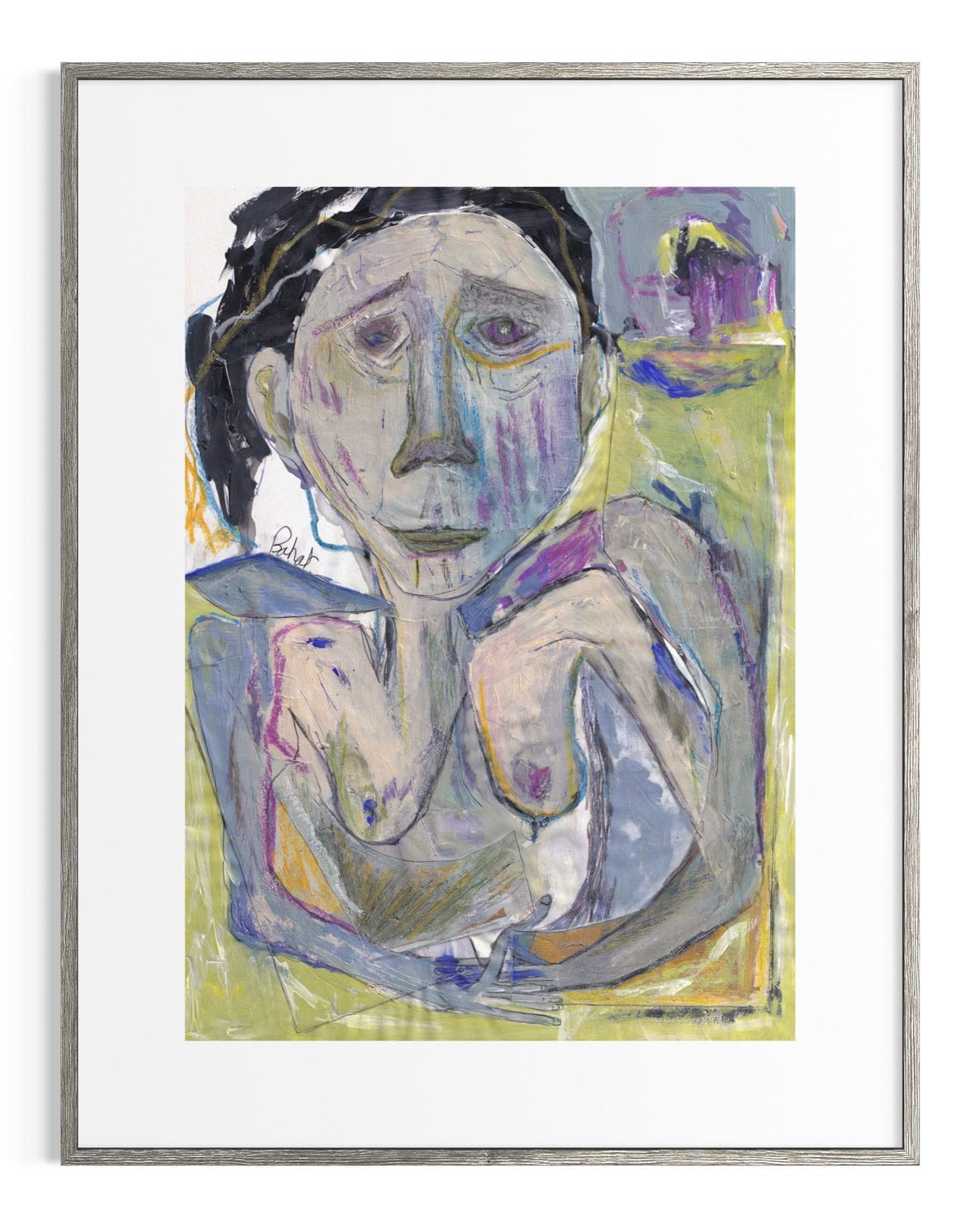 Framed abstract painting of a nude figure with a stylized face on a white background
