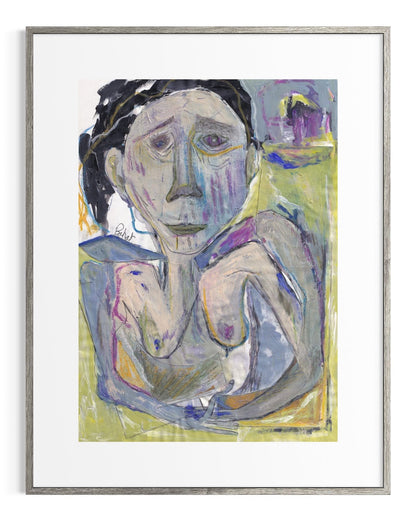 Framed abstract painting of a nude figure with a stylized face on a white background