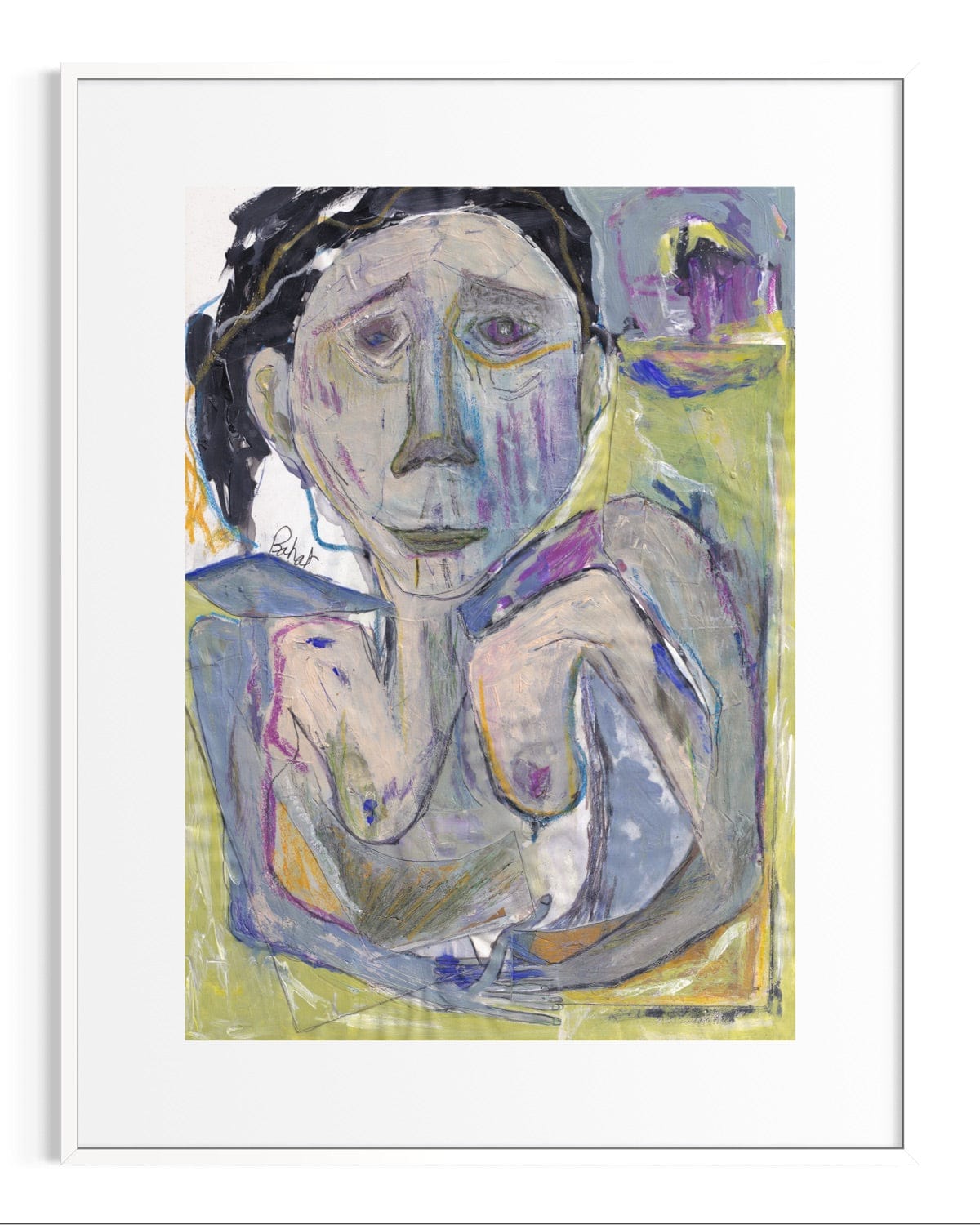 Abstract painting of a nude figure with a white frame