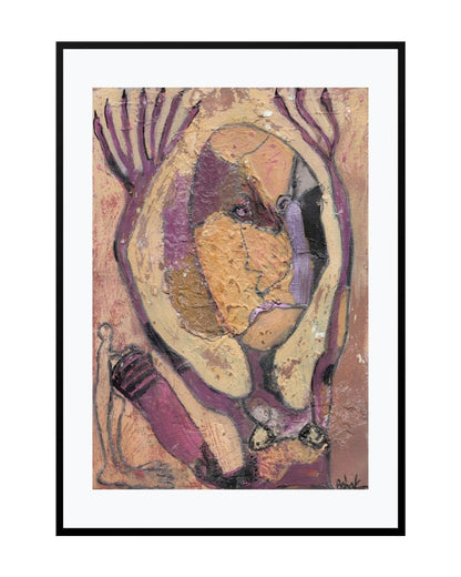 Surreal and symbolic mixed media artwork in purple tones titled "Purple Dummy" by Bahar Haghverdi