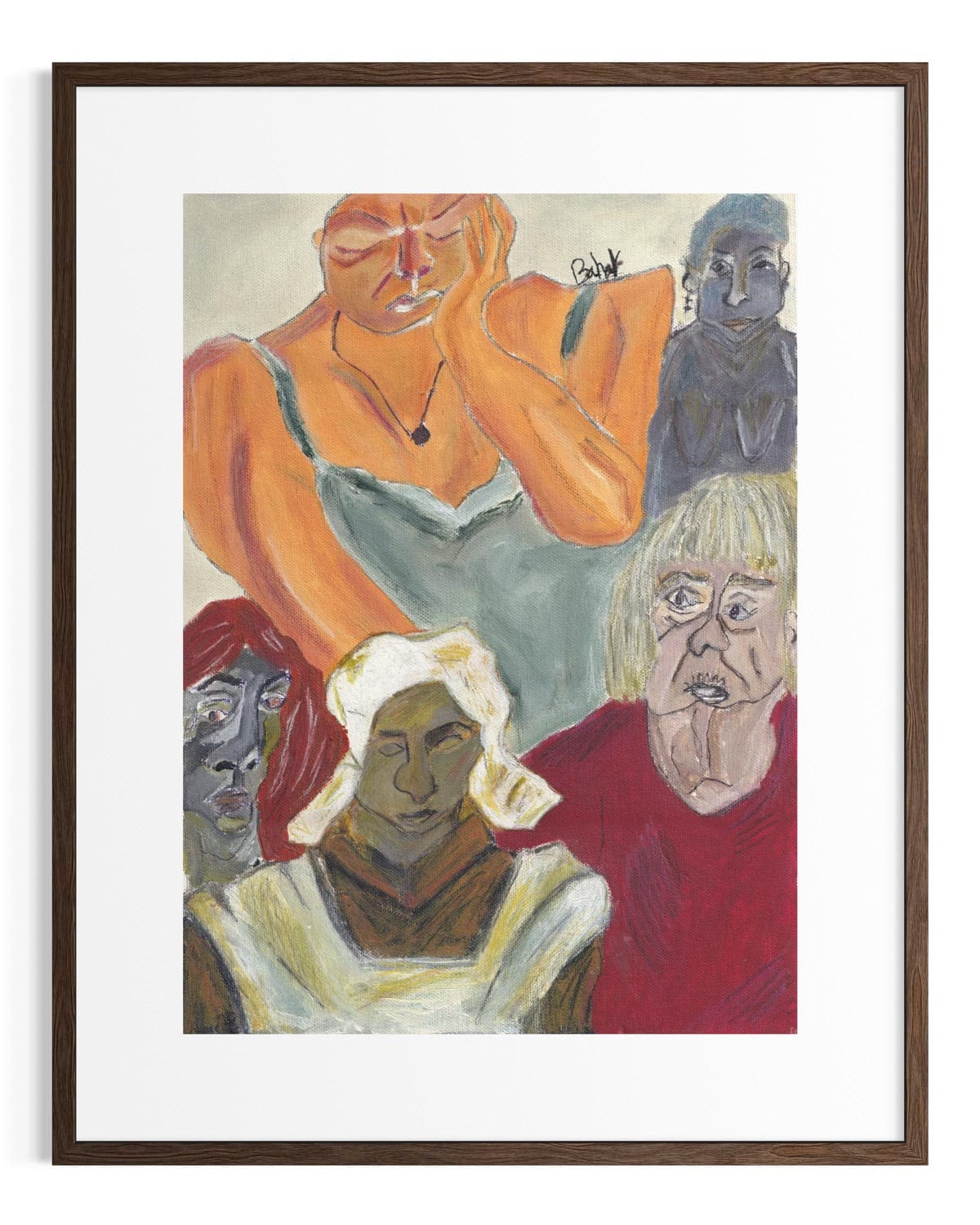 Framed artwork of four stylized faces with a white border