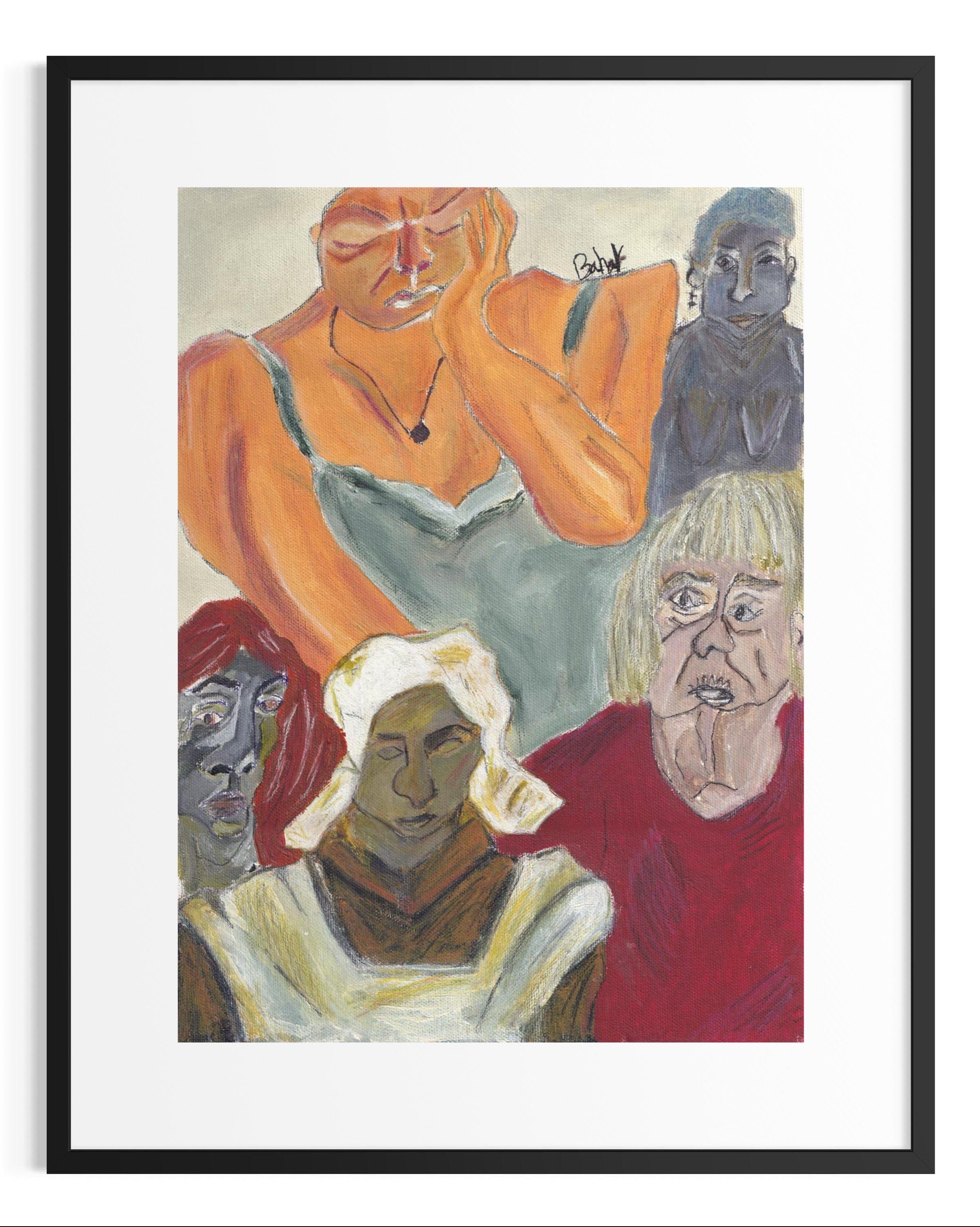 Framed artwork of stylized portraits with a black frame.