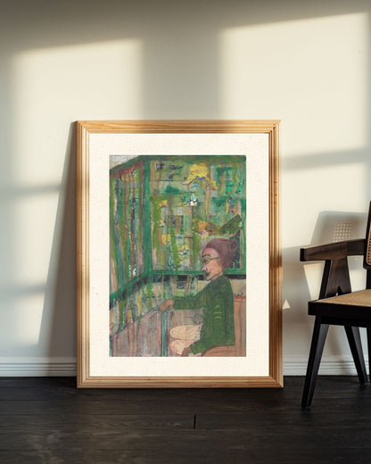 Abstract mixed media wall art featuring a symbolic green female figure with expressive brushwork