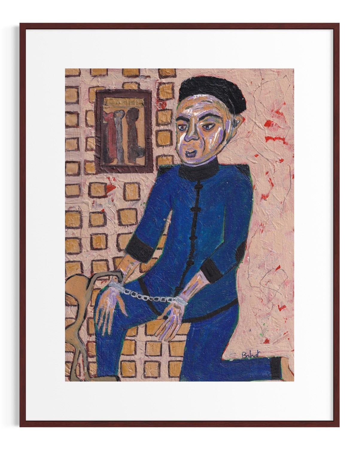 Framed artwork of a person in a blue outfit with a textured wall background