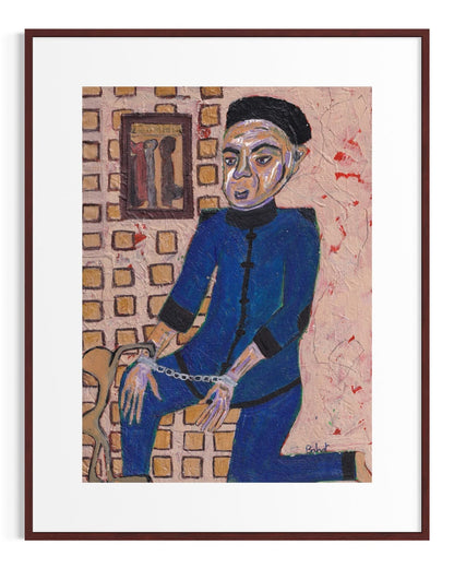 Framed artwork of a person in a blue outfit with a textured wall background