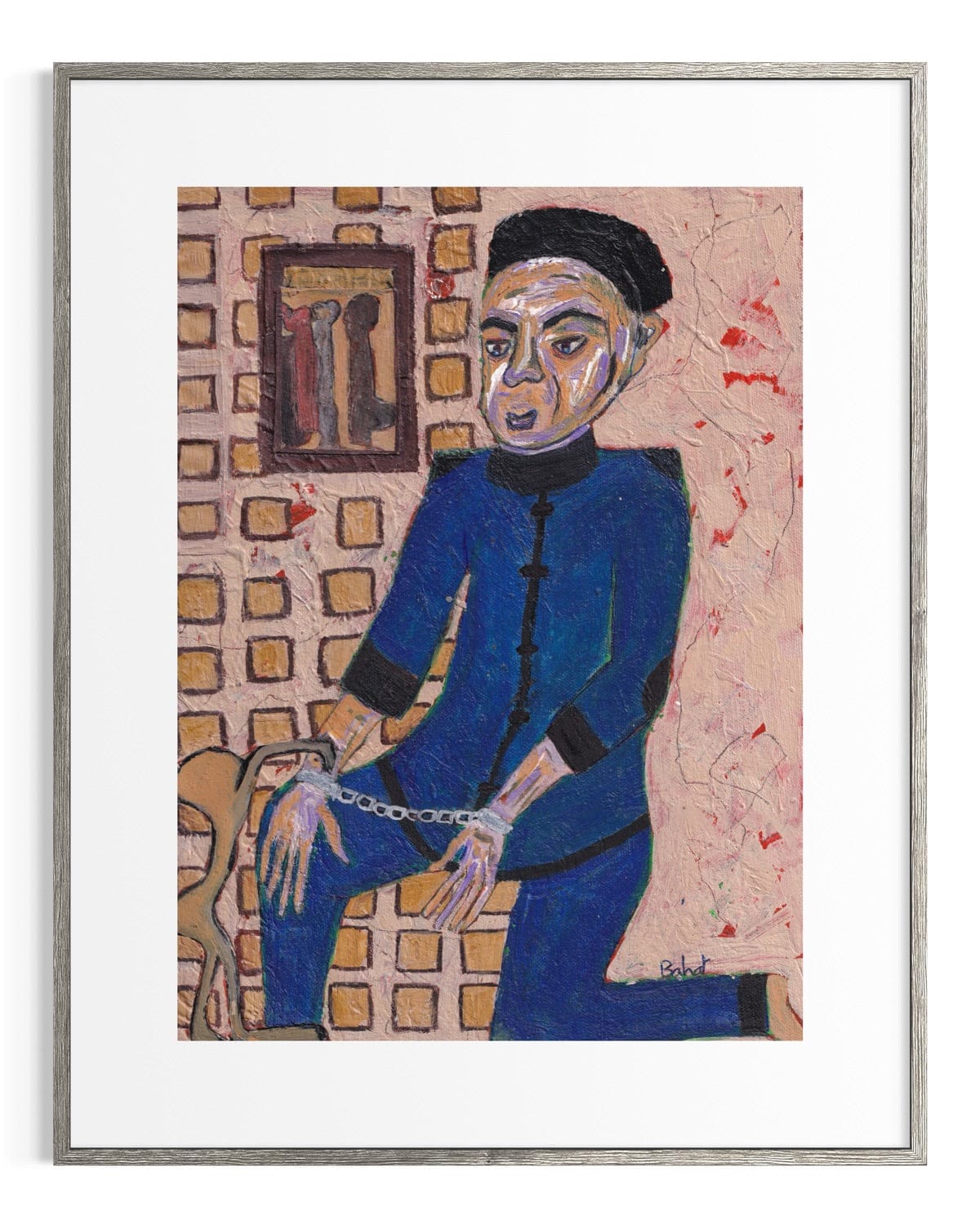 Framed artwork of a person in a blue outfit with a textured wall background