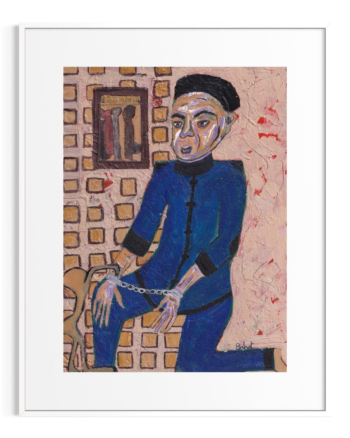 Artistic depiction of a person in a blue outfit with a textured wall background