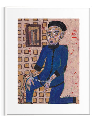 Artistic depiction of a person in a blue outfit with a textured wall background