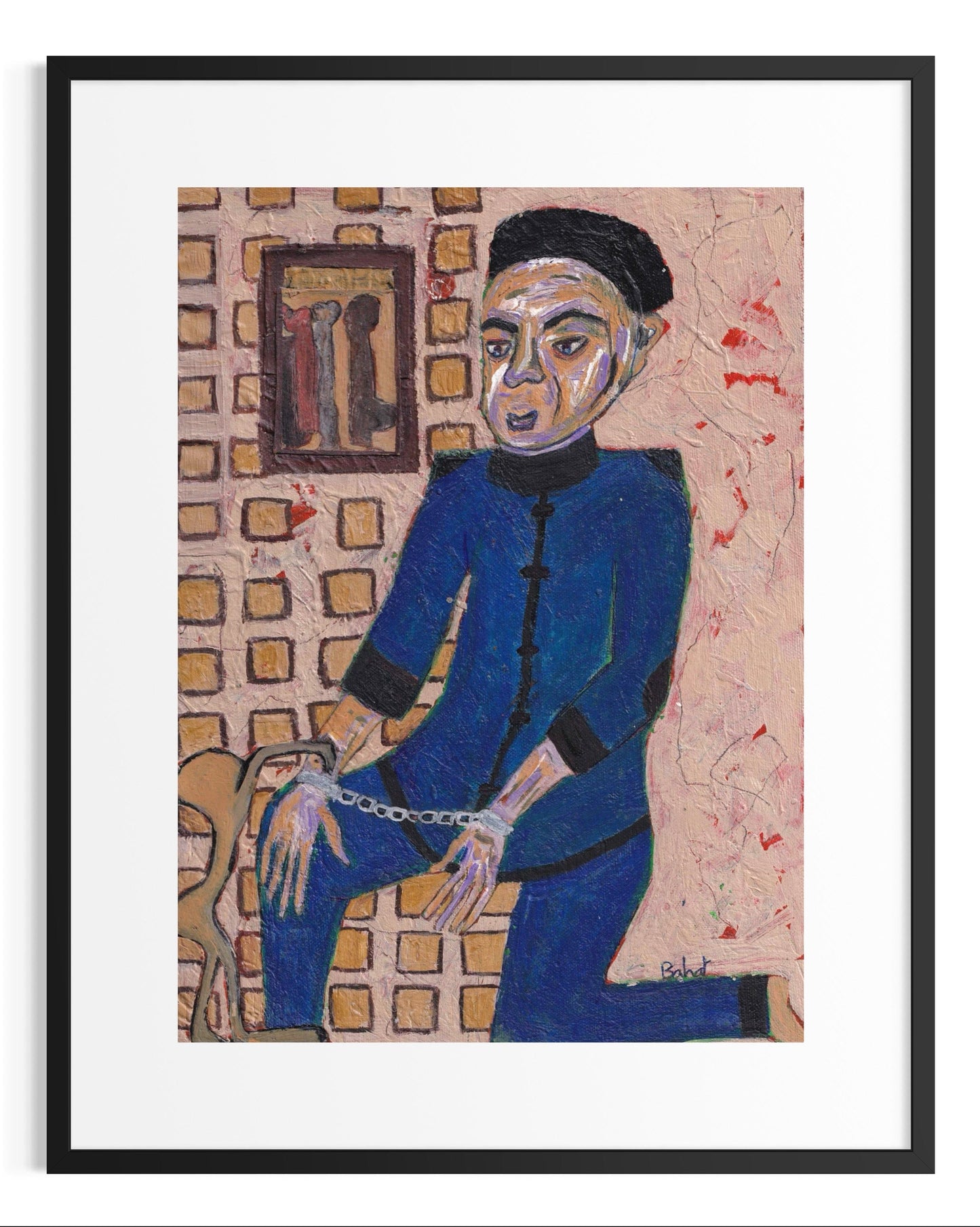 Framed artwork of a person in a blue outfit sitting on a chair with a textured wall background.