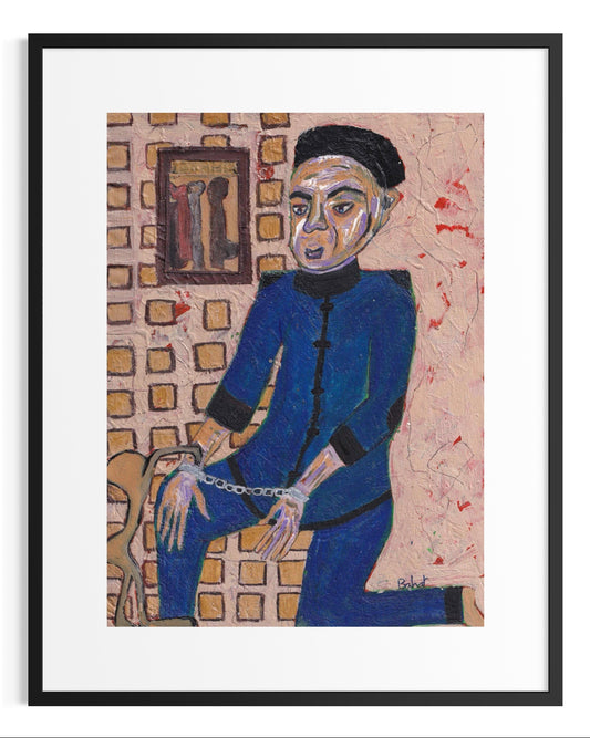 Framed artwork of a person in a blue outfit sitting on a chair with a textured wall background.