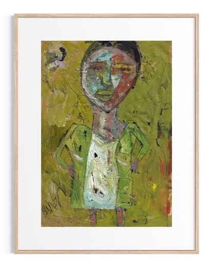 Framed abstract artwork with a figure in green and white on a green background