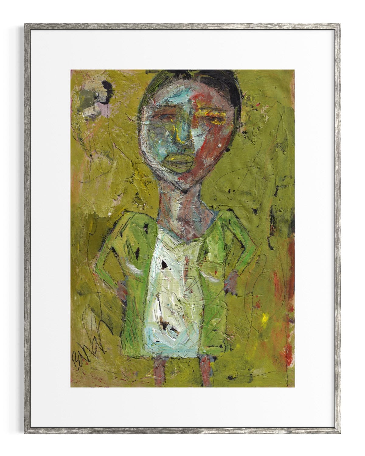 Abstract artwork of a person with a green jacket on a yellow background