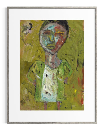 Abstract artwork of a person with a green jacket on a yellow background