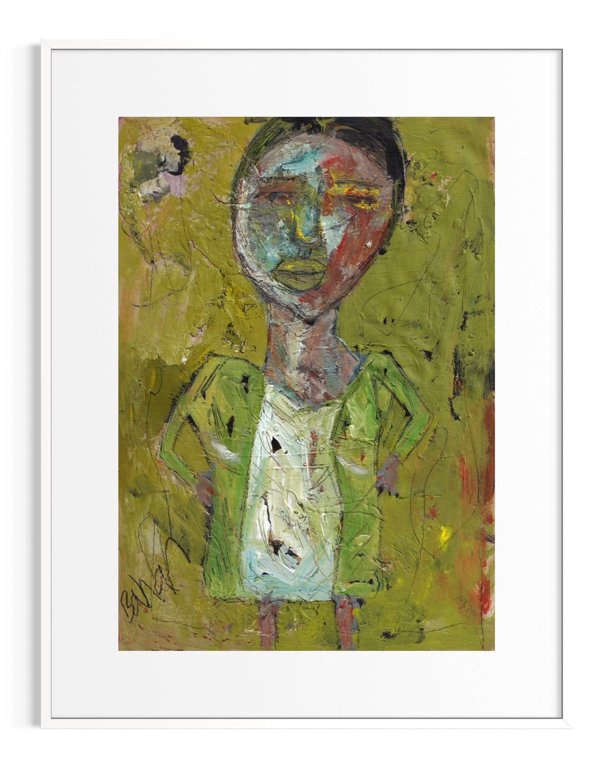 Abstract artwork of a figure in green and white on a yellow background