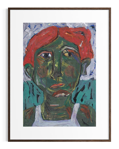 Framed abstract painting of a face with red hair and green skin.