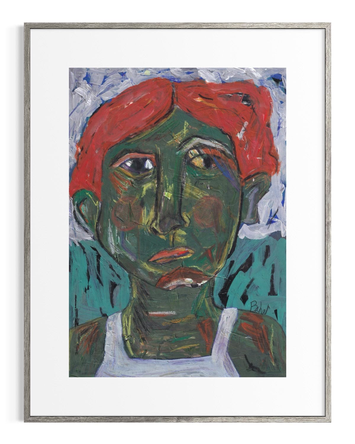 Framed abstract painting of a face with red hair and green skin.