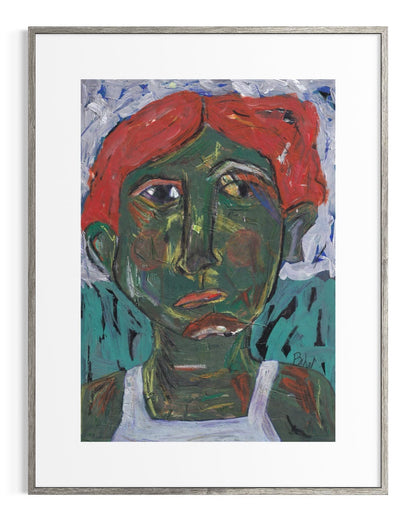 Framed abstract painting of a face with red hair and green skin.