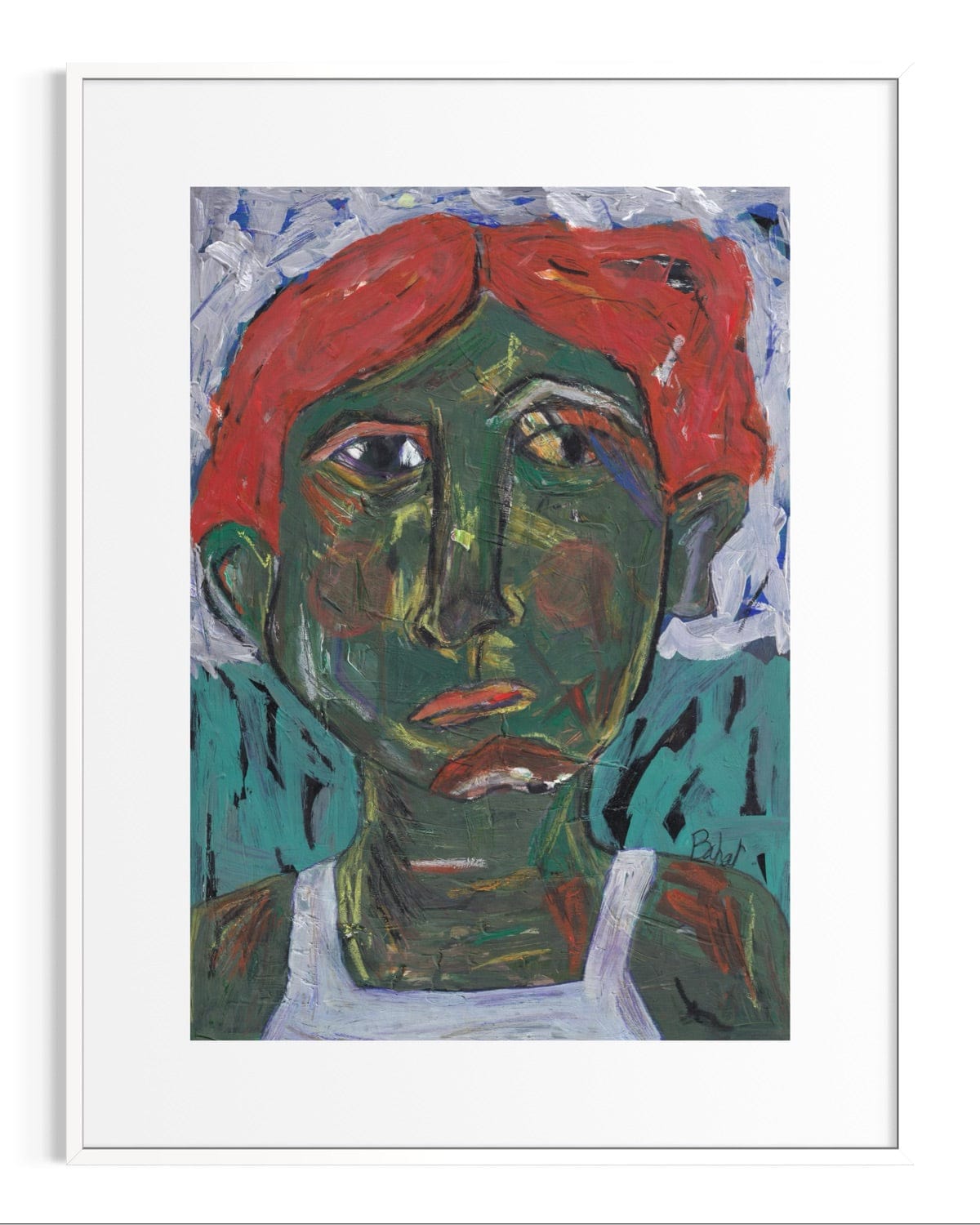 Abstract painting of a face with red hair and green skin on a white background